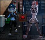 3d_(artwork) anthro bdsm before_and_after biped blush bondage bound breasts buttplug city collar condom cuff_(restraint) d20 dice digital_media_(artwork) disney european_rabbit eyelashes falconfeather female fur furniture gag gagged gauged_nipple grey_body hi_res judy_hopps lagomorph leporid mammal multicolored_body nipple_piercing nipple_ring nipples nude oryctolagus piercing plug_(sex_toy) police presenting purple_eyes rabbit restraints ring_piercing rope rope_bondage safety_pin sex_toy sexual_barrier_device shackles solo stocks strip_club vibrator wand_vibrator warehouse womb_tattoo zootopia