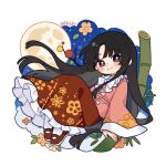  1girl artist_name black_hair blush bow bowtie branch brown_eyes chinese_commentary closed_mouth commentary_request fafa frilled_skirt frills full_body full_moon highres houraisan_kaguya jeweled_branch_of_hourai long_hair long_skirt long_sleeves looking_at_viewer moon night pink_shirt red_shoes red_skirt shirt shoes skirt sky smile solo star_(sky) touhou very_long_hair white_bow white_bowtie wide_sleeves 