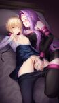  2girls absurdres ahoge amu_(takuya0331) artoria_pendragon_(fate) bar_censor black_dress black_thighhighs blonde_hair blush braid braided_bun breasts censored choker cleavage clothes_pull commentary_request dress elbow_gloves facial_mark fate/stay_night fate_(series) female_orgasm forehead_mark gloves green_eyes hair_bun hair_ribbon highres large_breasts licking_lips long_hair medusa_(fate) medusa_(rider)_(fate) multiple_girls nervous nipples on_bed open_clothes open_mouth open_shirt orgasm pantyhose pantyhose_pull pillow purple_eyes purple_hair pussy pussy_juice pussy_juice_on_fingers ribbon saber_(fate) shirt short_hair skirt small_breasts sweat tearing_up thighhighs tongue tongue_out white_shirt yuri 