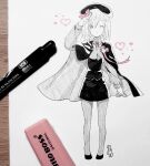  1girl absurdres alternate_costume arm_up art_tools_in_frame ascot beret brooch cape cosplay crossover dot_nose dress hat heart highres higurashi_no_naku_koro_ni in-franchise_crossover jewelry lambdadelta limited_palette marker_(medium) one_eye_closed pantyhose parted_bangs photo_(medium) saisat34 shoes signature takano_miyo takano_miyo_(cosplay) traditional_media umineko_no_naku_koro_ni 