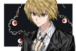  1boy adjusting_clothes adjusting_necktie black_background black_necktie black_suit blonde_hair border chain choppy_bangs collarbone collared_shirt eyeball hair_between_eyes highres hunter_x_hunter kurapika looking_at_viewer monochrome_background necktie partially_unbuttoned red_eyes sanpaku shirt solo suit ultomato523548 upper_body white_border white_shirt 