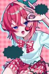  1girl ange_katrina arm_support arm_up blue_eyes blush bow bow_hairband bowtie cherry_pop_(vocaloid) clothes_around_waist collared_shirt commentary_request cowboy_shot crossed_bangs double_bun drop_shadow eyelashes eyes_visible_through_hair gingham_background gingham_bowtie gingham_clothes gingham_skirt green_bow green_hairband hair_between_eyes hair_bun hair_ornament hairband head_tilt heart heart_hair_ornament holding_cherry long_bangs looking_at_viewer medium_hair miniskirt nail_polish nijisanji official_alternate_costume open_mouth pink_background pleated_skirt red_bow red_bowtie red_hair red_nails red_skirt red_sweater shirt short_sleeves sitting skirt solo sweater sweater_around_waist teeth tongue umeboshi_no virtual_youtuber white_bow white_bowtie white_shirt white_skirt 
