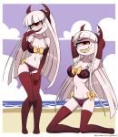 1_eye 2021 absurd_res accessory armwear barryfactory beach bikini bow_(feature) bow_bikini breasts cleavage clothed clothing cloud cyclops demon elbow_gloves fake_horns female freckled_face freckles gloves grin hair hair_accessory hairband hands_behind_head handwear hi_res horned_hairband humanoid kneeling knock-kneed legwear long_hair multiple_poses navel pose red_armwear red_bikini red_clothing red_elbow_gloves red_gloves red_handwear red_legwear red_stockings red_swimwear red_thigh_highs sea sharp_teeth sky small_waist smile solo stockings suzie_(barryfactory) swimwear teeth thigh_gap thigh_highs two-piece_swimsuit water white_hair