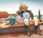  2girls ahoge aqua_dress aqua_hair black_boots black_jacket blonde_hair blue_eyes blue_shirt boots densetsu.exe dokibird dokibird_(bounty_hunter) dress gradient_hair hair_ornament indie_virtual_youtuber jacket kjara-draws looking_at_another looking_at_viewer medium_hair mint_fantome mint_fantome_(minto_2.0) multicolored_hair multiple_girls on_lap shirt virtual_youtuber white_hair x_hair_ornament 