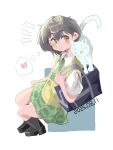  1girl animalization bag bang_dream! bang_dream!_it's_mygo!!!!! black_shoes black_socks blue_bag blush brown_eyes brown_sweater_vest cat closed_mouth commentary dated diagonal-striped_clothes diagonal-striped_necktie green_necktie green_skirt grey_hair haneoka_school_uniform hashtag-only_commentary heart highres kaname_raana kneehighs necktie plaid_clothes plaid_skirt raana_the_cat school_bag school_uniform shirt shoes short_hair short_sleeves shoulder_bag skirt socks starashes striped_clothes sweater_vest takamatsu_tomori white_shirt 