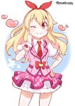  ;) aikatsu! aikatsu!_(series) blonde_hair blush cowboy_shot hair_ribbon hand_on_hip heart heart-shaped_pupils hoshimiya_ichigo index_finger_raised kitahara_tomoe_(kitahara_koubou) long_hair looking_at_viewer necktie no_nose one_eye_closed plaid plaid_skirt puffy_short_sleeves puffy_sleeves red_eyes ribbon short_sleeves skirt sleeveless_blazer smile solo symbol-shaped_pupils 