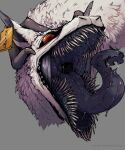 2023 2_horns ambiguous_gender blue_insides bodily_fluids constructed_language curled_horn digital_media_(artwork) ear_piercing ear_tag feral fictional_language fur grey_background headshot_portrait hi_res horn long_tongue mouth_shot open_mouth piercing portrait pupils red_eyes saliva saliva_on_tongue saliva_string sharp_teeth simple_background slit_pupils solo synx teeth text tongue unichromacorn watermark white_body white_fur