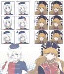  2girls anger_vein angry black_dress blonde_hair blue_dress blue_eyes blush braid closed_eyes closed_mouth dalachi_(headdress) dress expressionless gloom_(expression) hair_between_eyes hand_in_own_hair hashtag-only_commentary hat head_rest highres junko_(touhou) ktsis long_hair looking_at_viewer multiple_expressions multiple_girls nurse_cap pale_skin parted_bangs parted_lips red_dress red_eyes red_tabard smile tabard touhou two-tone_dress upper_body very_long_hair wavy_hair white_hair yagokoro_eirin 