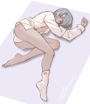  1girl aqua_hair bang_dream! bang_dream!_it's_mygo!!!!! barefoot blue_eyes breasts chinese_commentary commentary_request hero45439083942 heterochromia highres long_sleeves lying medium_breasts no_bra on_side open_clothes open_shirt original panties red_eyes shirt short_hair single_sock socks solo takamatsu_shizuku toes underwear white_panties white_shirt 