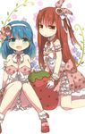  aka_no_ripika alternate_costume ao_no_rupika beatmania beatmania_iidx bemani blue_eyes blue_hair blush food fruit gloves hair_ribbon hairband kawachi_(hina) looking_at_viewer multiple_girls open_mouth red_eyes red_hair ribbon smile strawberry 