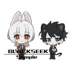  2boys :d akinashi_haru animal_ears black_hair black_suit blackseek blue_necktie brown_cardigan brown_pants cardigan cat_boy cat_ears cat_tail chibi chibi_only chinese_commentary collared_shirt commentary_request diagonal-striped_clothes diagonal-striped_necktie dress_shirt full_body heart heart_hands highres jacket looking_at_viewer male_focus multiple_boys necktie nervous_smile pants rabbit_boy rabbit_ears rabbit_tail red_necktie saihate_eki shirt short_hair simple_background smile standing striped_clothes suit suit_jacket tail tatsunami_shion white_background white_hair white_shirt 