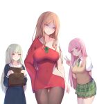  3girls absurdres anger_vein anon_tokyo_(bang_dream!) bandaid bang_dream! bang_dream!_it's_mygo!!!!! blue_eyes blue_shirt blue_skirt blush breasts brown_hair brown_sweater_vest chihaya_anon chinese_commentary cleavage closed_mouth commentary_request covered_navel diagonal-striped_clothes diagonal-striped_necktie dress green_hair green_skirt grey_eyes haneoka_school_uniform heart highres large_breasts long_hair medium_breasts multiple_girls mygo!!!!!_logo_(bang_dream!) nagasaki_soyo necktie nikuku_(kazedesune) pink_hair plaid_clothes plaid_skirt pleated_skirt red_dress school_uniform shirt short_dress simple_background single_sleeve skirt smile striped_clothes sweater_vest textless_version tsukinomori_school_uniform v wakaba_mutsumi white_background white_shirt yellow_eyes 