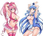  aoki_reika arm_up armpits arms_up blue_eyes blue_hair blush bow breasts choker cure_beauty cure_melody cyclone earrings frills hair_tubes head_wings heart houjou_hibiki jewelry large_breasts long_hair magical_girl multiple_girls navel nipples open_clothes panties panty_pull pink_bow pink_choker pink_hair precure skindentation skirt smile_precure! suite_precure sweat tears thighhighs tiara twintails underwear very_long_hair 