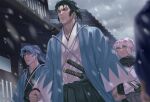  1girl 2boys arm_at_side bevel black_hair closed_mouth commentary_request fate/grand_order fate_(series) green_eyes grey_sky hakama headband hijikata_toshizou_(fate) japanese_clothes multiple_boys okita_souji_(fate) outdoors ponytail red_eyes saitou_hajime_(fate) sky snowing sword weapon wide_sleeves 