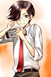  aoi_norio asou_riku brown_eyes brown_hair camera glasses grin machi_(game) male_focus necktie school_uniform smile solo 