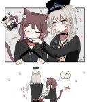  2girls animal_ear_fluff animal_ears animal_print black_choker black_hat black_jacket black_nails brown_hair cat_ears cat_girl cat_tail choker closed_eyes closed_mouth commentary girls_band_cry grey_eyes grey_hair hamchan69 hand_on_another's_chin hat heart highres iseri_nina jacket jewelry kawaragi_momoka kemonomimi_mode leopard_print long_hair looking_at_another multiple_girls print_shirt ring shirt short_twintails smile speech_bubble tail thought_bubble twintails yuri 