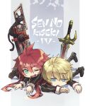  1boy 1girl black_cat blonde_hair blue_eyes boots cat cedric_reise_arnor chibi double-parted_bangs eiyuu_densetsu english_text green_eyes grey_background hair_between_eyes huge_weapon irise_ryouji loafers long_hair long_sleeves lying lying_on_another lying_on_person on_stomach one_eye_closed open_mouth pants planted planted_sword red_hair school_uniform sen_no_kiseki_(series) sen_no_kiseki_iv shirley_orlando shoes short_hair sidelocks sigh simple_background smile sword thors_military_academy_class_vii_uniform three-toned_background weapon white_background 