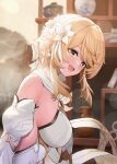  1girl :d ayul_(ayulneri_92) blonde_hair blurry blurry_background blush breasts commentary_request detached_sleeves flower genshin_impact hair_flower hair_ornament highres indoors large_breasts looking_at_viewer lumine_(as_heaven_and_earth_are_made_anew)_(genshin_impact) lumine_(genshin_impact) official_alternate_costume sidelocks smile solo white_flower white_sleeves yellow_eyes 