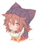  :3 beanie blush brown_hair character_name chen hat looking_at_viewer morino_hon orange_eyes short_hair simple_background sketch smile solo touhou upper_body white_background 