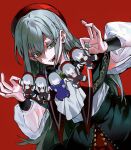  1girl absurdres ascot bang_dream! bang_dream!_it's_mygo!!!!! beret character_doll chinese_commentary commentary_request doll earrings green_hair hat highres jewelry long_hair mortis_(bang_dream!) mortis_(costume)_(bang_dream!) mortis_(persona)_(bang_dream!) ne2op open_mouth red_eyes red_hat shirt sidelocks simple_background teeth upper_body wakaba_mutsumi white_ascot white_shirt yellow_eyes 