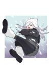  >_< 1girl black_coat black_gloves black_leggings black_shoes coat cold commentary cossack_dance crossed_arms dancing down_coat full_body ginngaf gloves grey_hair grey_skirt hair_over_one_eye hat highres kimi_no_koto_ga_dai_dai_dai_dai_daisuki_na_100-nin_no_kanojo leg_warmers leggings long_hair long_sleeves miniskirt mishiro_kogoe one_eye_covered pleated_skirt shoes simple_background skirt snowing solo teeth upper_teeth_only white_hat winter_clothes xoxo 