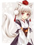  animal_ears detached_sleeves floral_print hat hat_ribbon inubashiri_momiji japanese_clothes kimono kourindou_tengu_costume long_sleeves looking_at_viewer mikoma_sanagi obi red_eyes ribbon sash short_hair silver_hair smile solo tail tokin_hat touhou v_arms wide_sleeves wolf_ears wolf_tail 