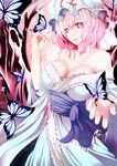  bad_id bad_pixiv_id blue_hair breasts bug butterfly cleavage collarbone hat highres insect large_breasts looking_at_viewer off_shoulder pink_eyes pink_hair saigyouji_yuyuko sash solo touhou triangular_headpiece veil wide_sleeves yoi_tosui 