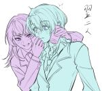  2girls bang_dream! bang_dream!_it's_mygo!!!!! blue_eyes can chinese_commentary commentary_request haneoka_school_uniform hero45439083942 highres holding holding_can jacket long_hair medium_hair mole mole_under_mouth multiple_girls multiple_monochrome necktie original purple_eyes red_eyes school_uniform shiina_mirei takamatsu_shizuku translation_request upper_body 