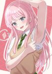  1girl absurdres arm_behind_head arm_up armpit_focus armpits azakura_(beniyomogi) bang_dream! bang_dream!_it's_mygo!!!!! blush brown_sweater_vest chihaya_anon collared_shirt commentary_request diagonal-striped_clothes diagonal-striped_necktie fang green_necktie grey_eyes grid_background haneoka_school_uniform highres long_hair looking_at_viewer necktie open_mouth pink_background pink_hair presenting_armpit raised_inner_eyebrows school_uniform shirt short_sleeves sleeve_pull solo speech_bubble spoken_blush straight_hair striped_clothes sweater_vest upper_body variant_set white_shirt wing_collar 