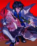  2boys abs animal_print bevel black_hair blood blood_on_hands blue_shirt closed_mouth collared_shirt commentary_request fate/grand_order fate_(series) furrowed_brow glint highres injury long_hair male_focus multiple_boys red_background red_hair round_eyewear shirt short_hair sword takasugi_shinsaku_(fate) tiger_print toned toned_male weapon yoshida_shouin_(fate) 