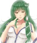  bad_id bad_pixiv_id bare_shoulders breasts cleavage finger_to_mouth frog_hair_ornament green_eyes green_hair hair_ornament highres kochiya_sanae large_breasts lips long_hair snake_hair_ornament solo touhou white_background x&amp;x&amp;x 