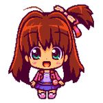  :d blush brown_hair chibi green_eyes happy hepo jewelpet_(series) jewelpet_twinkle lowres open_mouth pixel_art sakura_akari side_ponytail skirt smile solo 