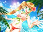  bikini blonde_hair bracelet cloud day dutch_angle flower green_eyes hair_flower hair_ornament happy hibiscus jewelry long_hair natsumoto ocean original see-through side_ponytail sky solo swimsuit water water_drop 