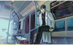  1boy black_hair black_shirt censored censored_identity coat collared_shirt feet_out_of_frame flying_paper glitch hashtag-only_commentary highres kim_dokja letterboxed light_particles male_focus omniscient_reader's_viewpoint open_clothes open_coat outdoors paper shirt short_hair sitting solo space train_interior wei_inn white_coat 