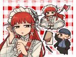  1boy 1girl axe baseball_cap black_jacket black_pants blue_shirt blunt_bangs blush_stickers checkered_background chibi chibi_inset choker commentary_request dress frilled_choker frilled_hairband frills full_body gekkoukan_high_school_uniform gothic_lolita grey_eyes hair_ornament hair_ribbon hairband hat highres iori_junpei jacket lolita_fashion long_hair long_sleeves looking_at_viewer nl_uwu notebook one_eye_closed open_clothes open_jacket pants parted_lips pencil persona persona_3 red_hair ribbon school_uniform shirt sidelocks upper_body white_choker white_dress white_ribbon wing_collar yoshino_chidori 