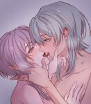  2girls aqua_hair bang_dream! bang_dream!_it's_mygo!!!!! bite_mark blue_eyes blush chinese_commentary collarbone commentary_request eye_contact fang french_kiss hero45439083942 hickey highres kiss looking_at_another medium_hair multiple_girls nude original purple_hair takamatsu_shizuku wakaba_muna yellow_eyes yuri 