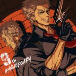  1boy anniversary back-to-back bevel black_gloves brick_wall cigarette commentary_request fate/grand_order fate_(series) forked_eyebrows gloves grey_eyes grey_shirt grin gun handgun highres holding holding_gun holding_weapon looking_at_viewer male_focus multiple_views nagakura_shinpachi_(fate) necktie red_necktie scar scar_on_arm shirt short_hair smile solo upper_body weapon 
