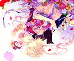  1girl bad_id bad_pixiv_id beard blonde_hair bouquet closed_eyes couple dress facial_hair flower hat hetero hug leo_(l'oiseaubleu) long_hair mini_hat mini_top_hat ohne_shnarren petals pink_hair pixiv_automata ponytail ribbon smile stubble top_hat upside-down yamabato_(puis) 