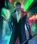  1boy bevel black_coat black_vest blurry blurry_background coat collared_shirt commentary_request cowboy_shot facing_viewer fate/grand_order fate_(series) grey_hair hand_in_pocket male_focus outdoors saitou_hajime_(fate) shirt solo standing vest white_shirt 