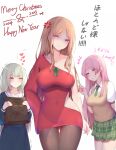  3girls anger_vein anon_tokyo_(bang_dream!) bandaid bang_dream! bang_dream!_it's_mygo!!!!! blue_eyes blue_shirt blue_skirt blush breasts brown_hair brown_sweater_vest chihaya_anon chinese_commentary cleavage closed_mouth commentary_request covered_navel diagonal-striped_clothes diagonal-striped_necktie dress green_hair green_skirt grey_eyes haneoka_school_uniform happy_new_year heart highres large_breasts long_hair medium_breasts merry_christmas multiple_girls mygo!!!!!_logo_(bang_dream!) nagasaki_soyo necktie nikuku_(kazedesune) pink_hair plaid_clothes plaid_skirt pleated_skirt red_dress school_uniform shirt short_dress simple_background single_sleeve skirt smile striped_clothes sweater_vest translation_request tsukinomori_school_uniform v wakaba_mutsumi white_background white_shirt yellow_eyes 