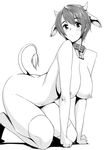  :o all_fours animal_ears bell bell_collar blush breasts buckle collar cow_ears cow_horns cow_tail gen_(black_factory) greyscale highres horns idolmaster idolmaster_cinderella_girls large_breasts monochrome nipples oikawa_shizuku short_hair solo tail tail_raised thighhighs 