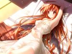  1girl alternate_costume bat_wings bed bed_sheet blush female head_wings highres koakuma long_hair midoriiro_no_shinzou open_mouth pillow red_eyes red_hair solo the_embodiment_of_scarlet_devil touhou wings 