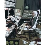  1girl absurdres barefoot black_shirt blood blood_in_hair blood_on_clothes blood_on_face blood_on_ground blood_on_leg blood_on_wall blood_splatter blue_jacket body_horror book bookshelf broken_screen chair computer computer_keyboard curtains entrails faceless faceless_female guro highres instrument jacket keyboard_(instrument) long_hair noisy9p organs papers project_sekai shirt sidelocks sitting surreal swivel_chair too_many_papers white_hair wooden_floor yoisaki_kanade 