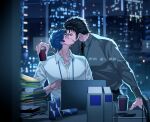  2boys bags_under_eyes bevel black_hair black_necktie blurry blurry_background buttons can collarbone collared_shirt commentary_request computer contemporary cup dated disposable_cup fate/grand_order fate_(series) grey_hair grey_shirt hijikata_toshizou_(fate) holding holding_cup indoors kiss laptop long_sleeves looking_at_another male_focus multiple_boys necktie saitou_hajime_(fate) shirt short_hair sideburns stack watch wristwatch yaoi 