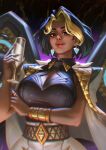  1girl alcohol blonde_hair bob_cut breast_cutout breasts champagne cleavage_cutout clothing_cutout coat coat_on_shoulders dark-skinned_female dark_skin domina_(overwatch) eyeshadow glass gold_bracer highres large_breasts looking_at_viewer makeup miniskirt multicolored_hair overwatch short_hair single_bracer skirt solo tee_fuyuan two-tone_hair white_skirt 