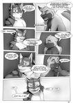  anthro bed bedroom blackmailz canine comic dog duo english_text eye_contact feline fur gay hand_on_chin male mammal monochrome nude open_mouth text tiger 