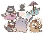 :3 anchor_symbol animal animalization asymmetrical_wings bishamonten's_pagoda black_fur blue_fur cat cloud commentary_request grey_fur hat highres hijiri_byakuren hood houjuu_nue kumoi_ichirin ladle mitsusame mouse_(animal) murasa_minamitsu orange_fur simple_background sorcerer's_sutra_scroll tatara_kogasa tiger_stripes toramaru_shou touhou ufo umbrella unzan white_background white_hat wings 