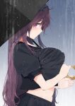  1girl artist_name black_ribbon black_sailor_collar black_serafuku black_skirt black_umbrella blush breasts commentary_request dated hair_between_eyes hair_ribbon hebijo_academy_school_uniform holding holding_umbrella kinako_(mzknk0) large_breasts long_hair looking_at_viewer looking_to_the_side murasaki_(senran_kagura) navel pleated_skirt puffy_short_sleeves puffy_sleeves purple_eyes purple_hair red_trim ribbon sailor_collar school_uniform senran_kagura senran_kagura_shinovi_versus serafuku short_sleeves signature skirt solo umbrella very_long_hair watermark wet wet_clothes wrinkled_fabric 