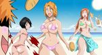  1boy 3girls beach bikini black_hair bleach blood blue_eyes bread breasts cleavage female food happy inoue_orihime kon kuchiki_rukia kurosaki_ichigo large_breasts long_hair male midriff navel open_mouth orange_hair purple_eyes sand short_hair sideboob silver_eyes sky smile stuffed_lion stuffed_toy surprised swimsuit tongue water 