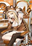  1girl :d animal_ear_headwear animal_print aqua_eyes arm_up black_streaks black_thighhighs blonde_hair breasts chair cleavage collar commentary_request computer_keyboard copyright_name criss-cross_halter curtained_hair detached_sleeves dress fang fur-trimmed_dress fur-trimmed_sleeves fur_collar fur_trim gaming_chair halterneck hand_up hat highres hololive hololive_dev_is indoors koganei_niko large_breasts long_hair looking_at_viewer monitor official_art open_mouth pom_pom_hat_ornament short_dress sidelocks single_thighhigh sitting slippers slit_pupils smile solo swivel_chair tail thighhighs tiger_print tiger_tail virtual_youtuber white_collar yellow_dress yellow_hat zonotaida 